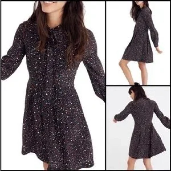 Madewell multicolor A-line star night print Dress with Bishop Sleeves 💯 Silk - Picture 3 of 15